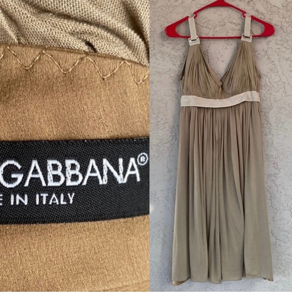 Y2K 2000’s Dolce & Gabbana Taupe / Beige Draped Silk Midi Dress, Size 40 Italy